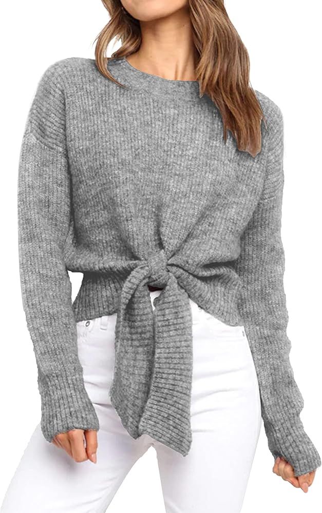 Okiwam Women's Long Sleeve Cropped Knit Sweater Tie Front Crew Neck Solid Color Ribbed Pullover C... | Amazon (US)