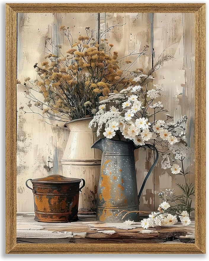 Krtoni Framed Farmhouse Vintage Canvas Wall Art, Country Floral Daisy Picture Wall Decor, White J... | Amazon (US)