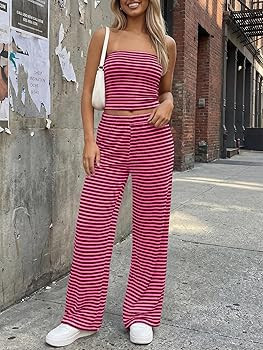 Trendy Queen Womens 2 Piece Lounge Sets Matching Summer Beach Vacation Outfits 2026 Striped Tube ... | Amazon (US)