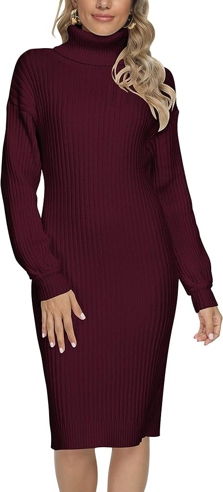 LOGENE Women's Turtleneck Long Sleeve Ribbed Slim Fit Knee Length Knit Sweater Dress | Amazon (US)