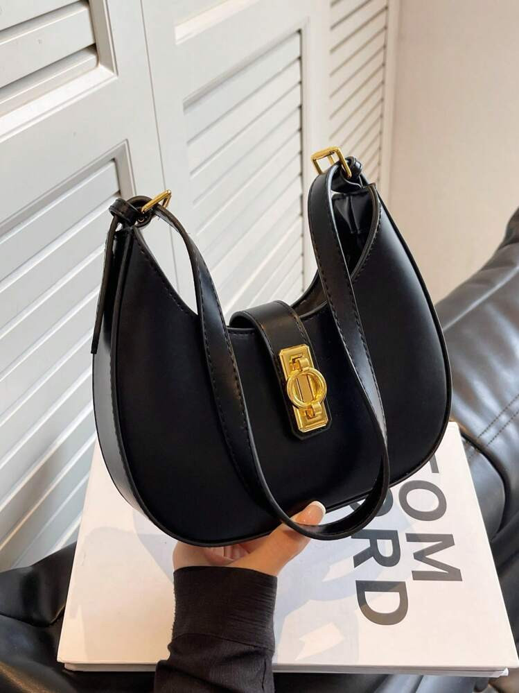 1pc Plain Snap Closure Shoulder Bag/Armpit Bag/Crescent Bag With Detachable Long Strap, Zipper Closure Crossbody Bag, Made Of PU Material | SHEIN