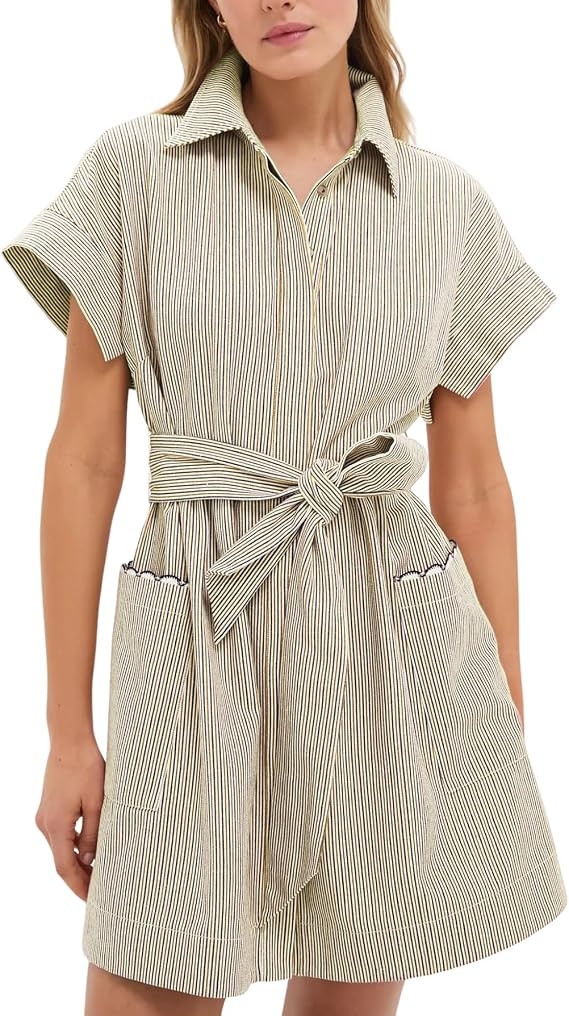 YEXPINE Women's Short Sleeve Striped Mini Shirt Dress Casual Summer Button Down Belted Tunic Dres... | Amazon (US)