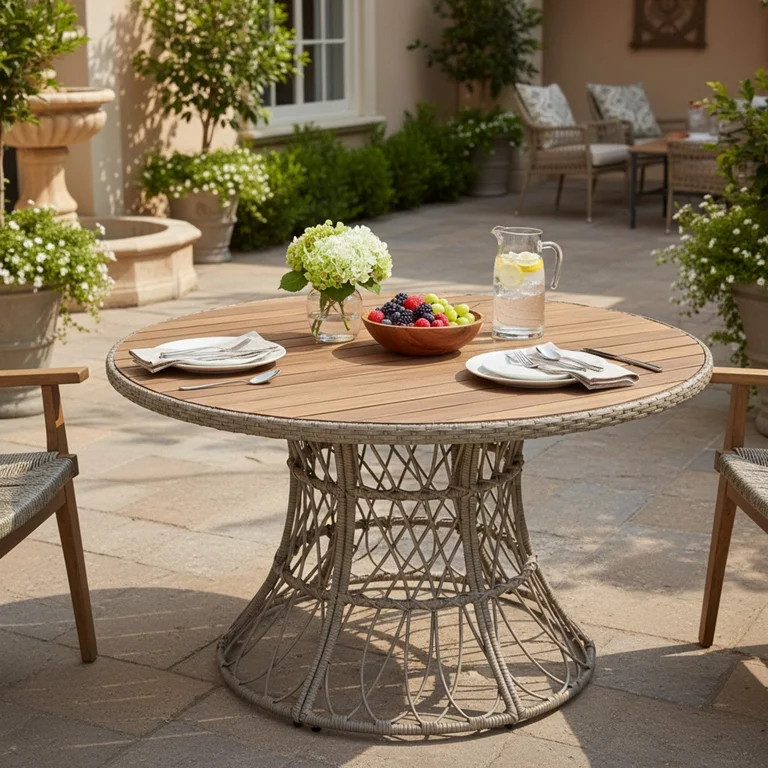 Christopher Knight Home 47" Outdoor Dining Table for 4 to 6, Round Wood Top with Wicker Base, Bro... | Walmart (US)