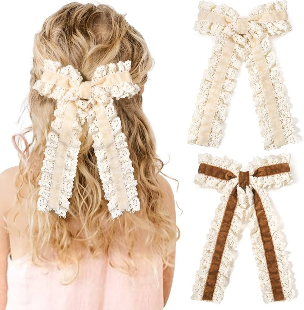 2PCS Velvet Hair Bows Lace Hair Ribbon Clips Big Beige Brown Fall Alligator Clips Hair Accessorie... | Amazon (US)