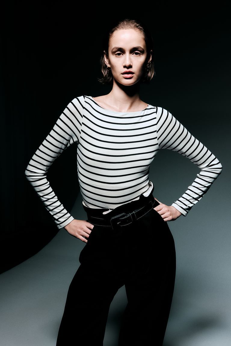 Boat-neck Bodysuit - White/black striped - Ladies | H&M US | H&M (US + CA)