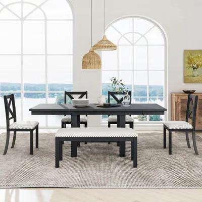 Extendable Acacia Wood Dining Set with Upholstered Chairs and Bench, Ideal for Comfortable Family Meals and Space Efficiency | Wayfair North America