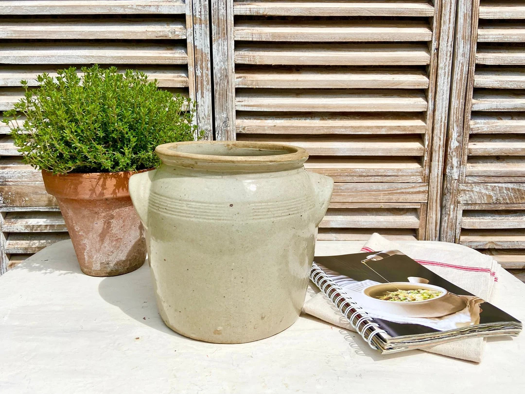 Antique French confit pot, vintage grey beige hand thrown storage jar, nice large size glazed sto... | Etsy (US)