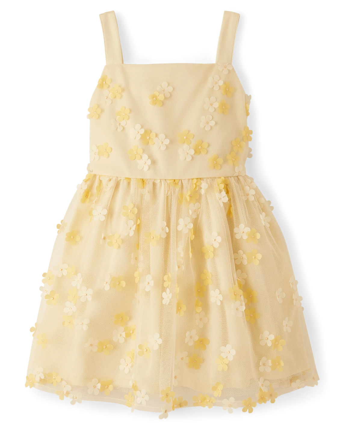 Girls 3D Floral Mesh Fit And Flare Dress - yellow | The Children's Place