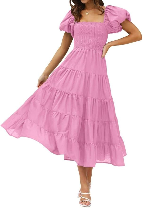 LEANI Womens 2023 Summer Square Neck A-Line Midi Dress Puff Sleeve Smocked Flowy Tiered Long Dres... | Amazon (US)