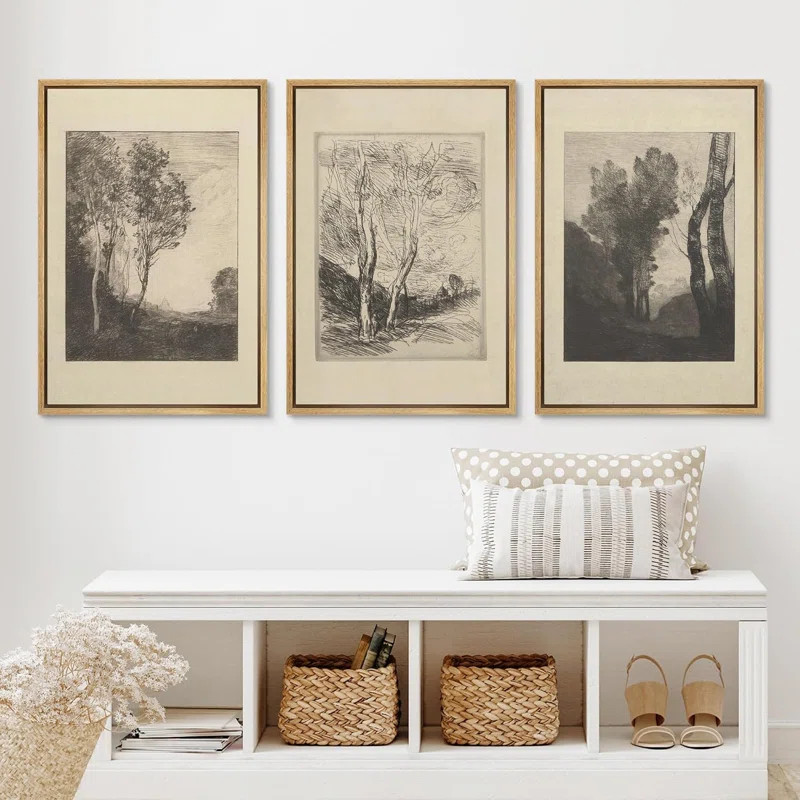 Duotone Vintage Trees Forest Sketch Rustic Landscape Framed Canvas 3 Pieces Painting Print Wall A... | Wayfair North America