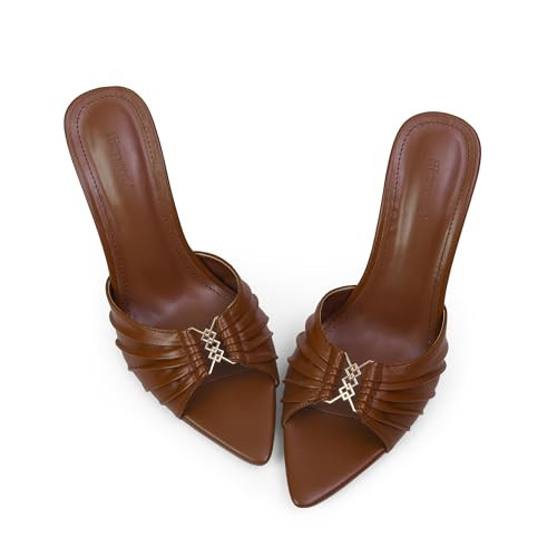 iiimmu 3.5 IN Stiletto Mules High Heels with Pointed Peep Toe Heeled Sandals Faux Leather, Brown, Size 7.5 | Amazon (US)