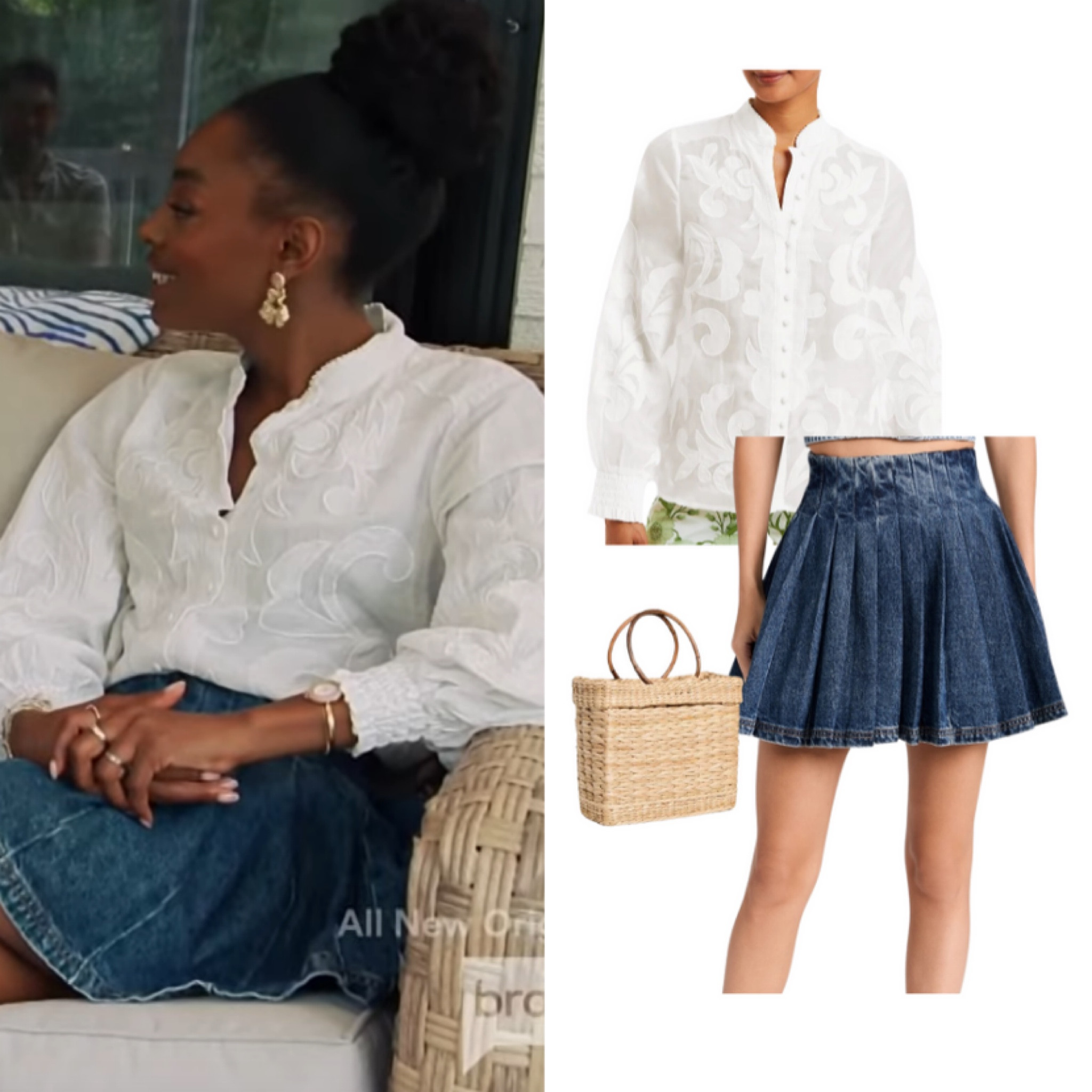 Venita Aspen’s White Embroidered Blouse and Denim Skirt 