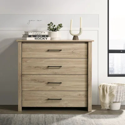 57"W Light Oak Finish 6-Drawer Dresser with Black Handles | Wayfair North America