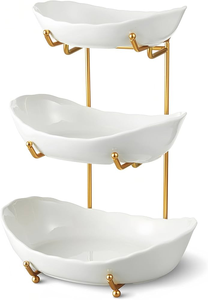 Ceramic Fruit Bowl for Kitchen Counter - 3 Tier Fruit Basket with Metal Stand, Tiered Fruit Stand... | Amazon (US)