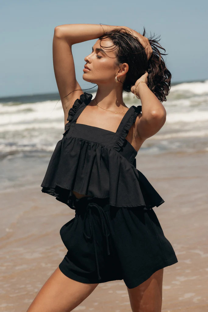 Raye Ruffle Strap Top - Black | Petal & Pup (US)