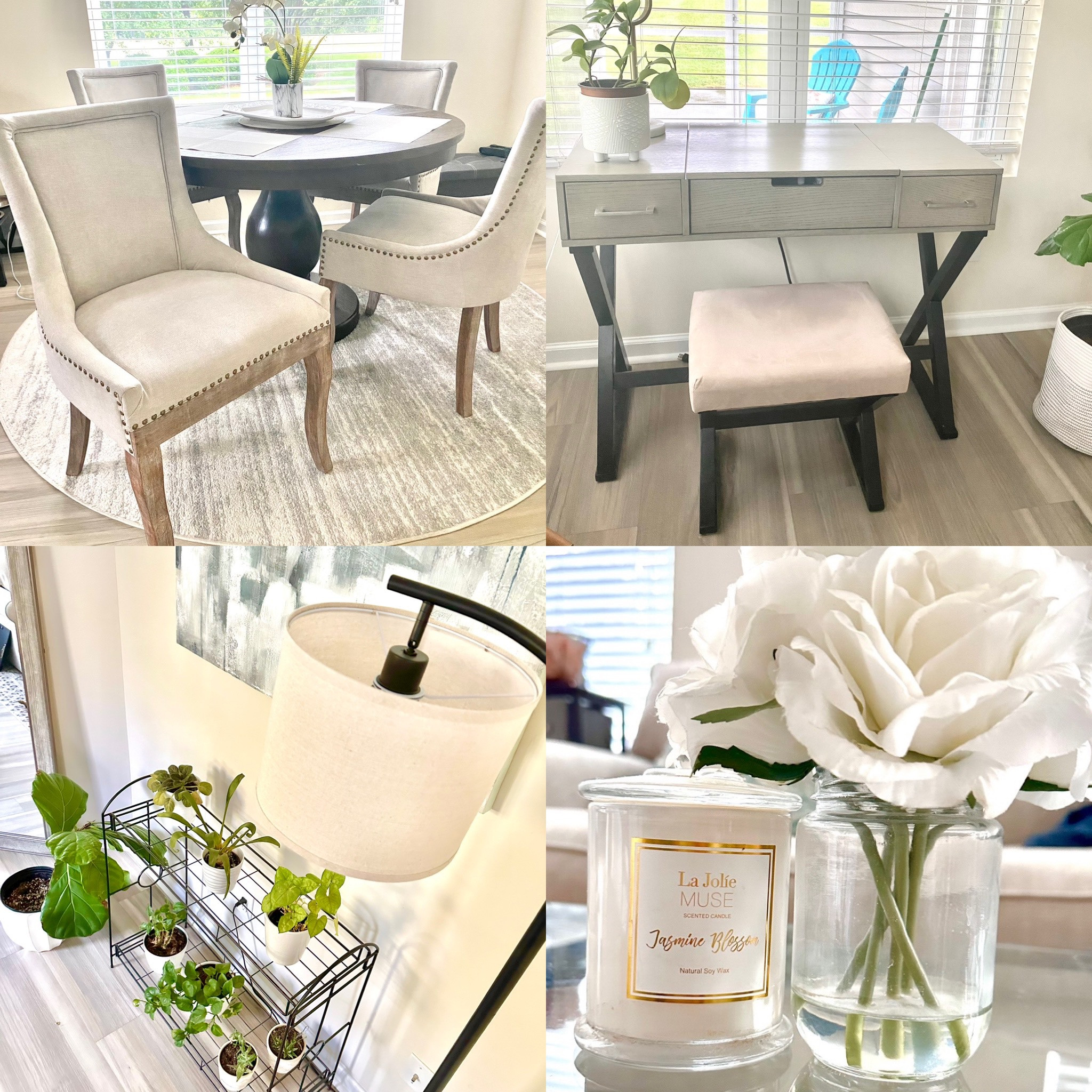 A roundup from the house ❤️

- Chairs are super sturdy from #amazon 😊
- The #dining #table looks like some of the more expensive pottery barn ones I had my eye on. But I settled for a wayfair knock off! It’s held up great and matches pretty much any room. It looked nice with both my old and new floors. 
- The #vanity desk and bench come as a set and were easy to assemble.
- The overstock #lamp was another timeless find! 
- The plant stand was the perfect way for me to #decorate a random empty wall. 
- Love this candle and fake flower - I don’t like to go overboard on decorations, but these are pretty simple to put on a coffee table!

#LTKhome #LTKbeauty