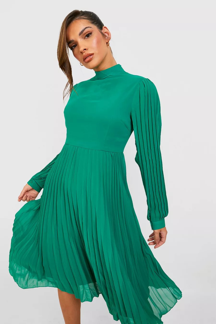 Pleated High Neck Midi Skater Dress | Boohoo.com (US & CA)