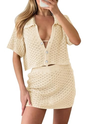 Saodimallsu Womens 2 Piece Cover Up Set Crochet Beach Summer Knit Button Short Sleeve Crop Top Mi... | Amazon (US)