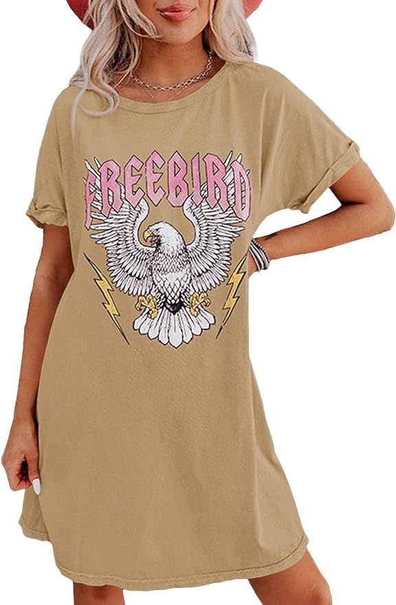 Fisoew Womens Short Sleeve T-Shirt Dress Freebird Eagle Print Loose Fit Summer Mini Dresses | Amazon (US)