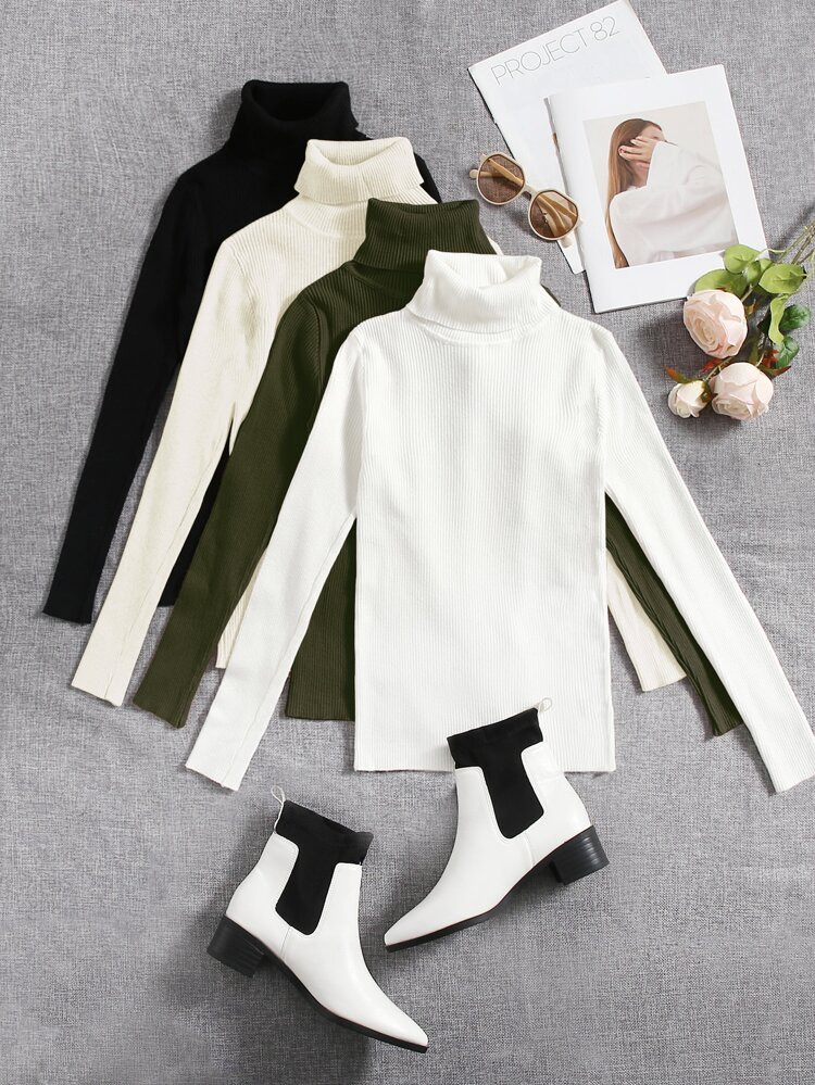 4pcs Solid Turtleneck Ribbed Knit Sweater | SHEIN