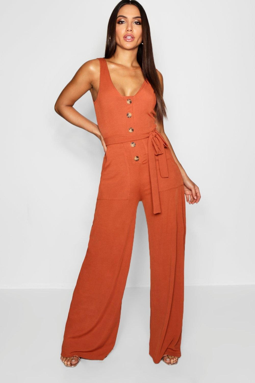 Womens Horn Button Ribbed Tie Belt Pocket Jumpsuit - Orange - 6 | Boohoo.com (US & CA)