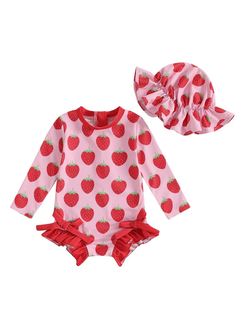 BemeyourBBs Girl Rash Guard Swimsuits Strawberry/Watermelon Print Swimwear and Cap | Walmart (US)