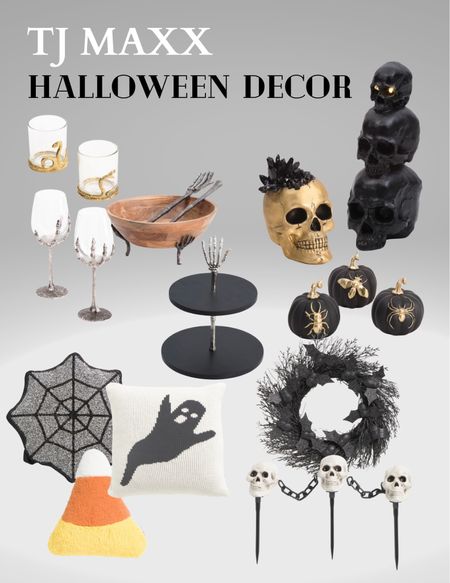 TJ Maxx Halloween Decor finds: spooky wreath with bats, outdoor skull fence, led stacked skulls decor, gold tone skull with Crystal decor, skeleton hand wine glass, skeleton hand server, gold snake glass, black and gold set of 3 insect pumpkin, skeleton hand server set, knitted ghost pillow, sequin spider web pillow, sherpa candy corn pillow. 

#LTKhome #LTKFind #LTKSeasonal