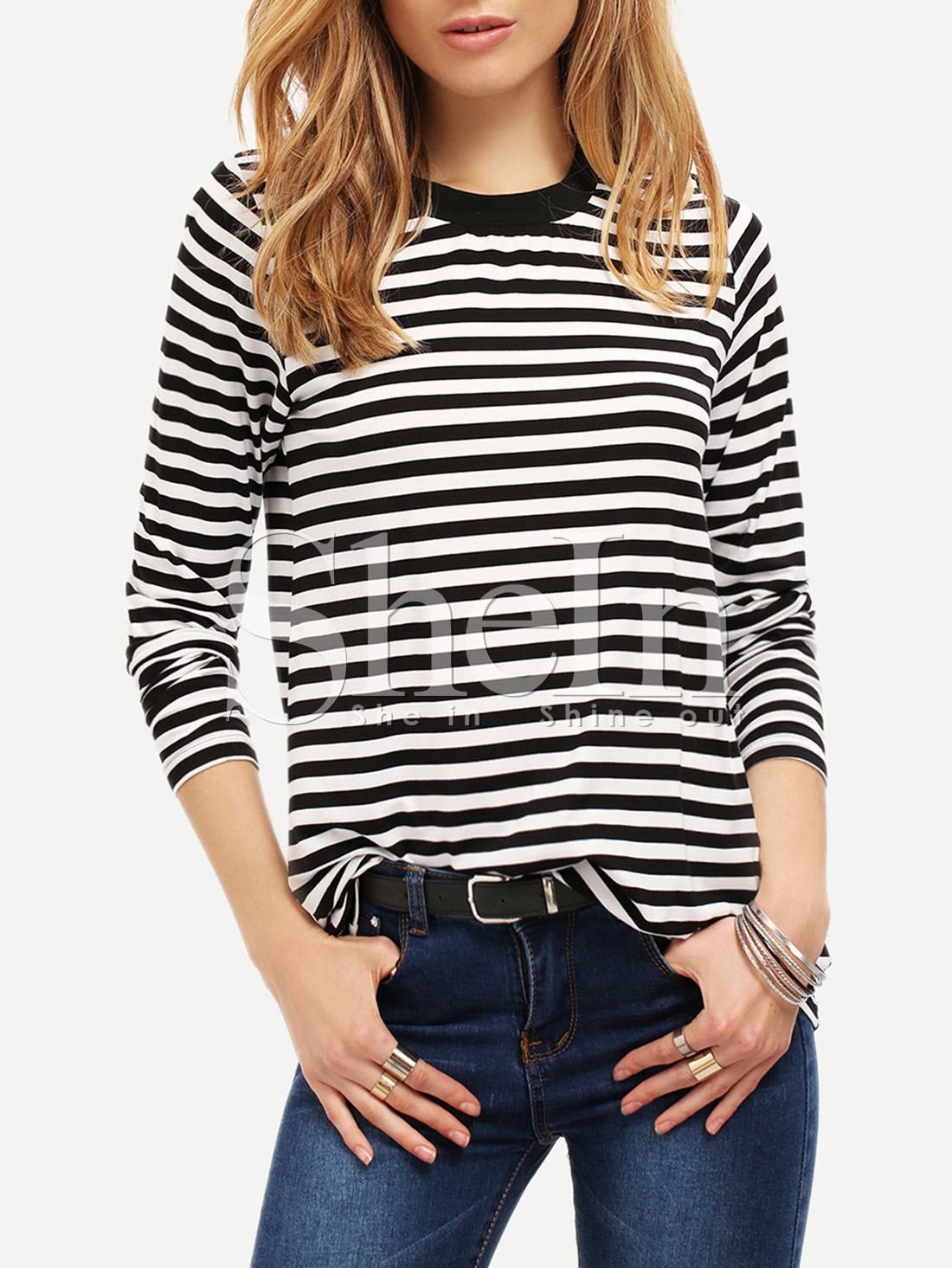 White Striped Crew Neck T-Shirt | SHEIN