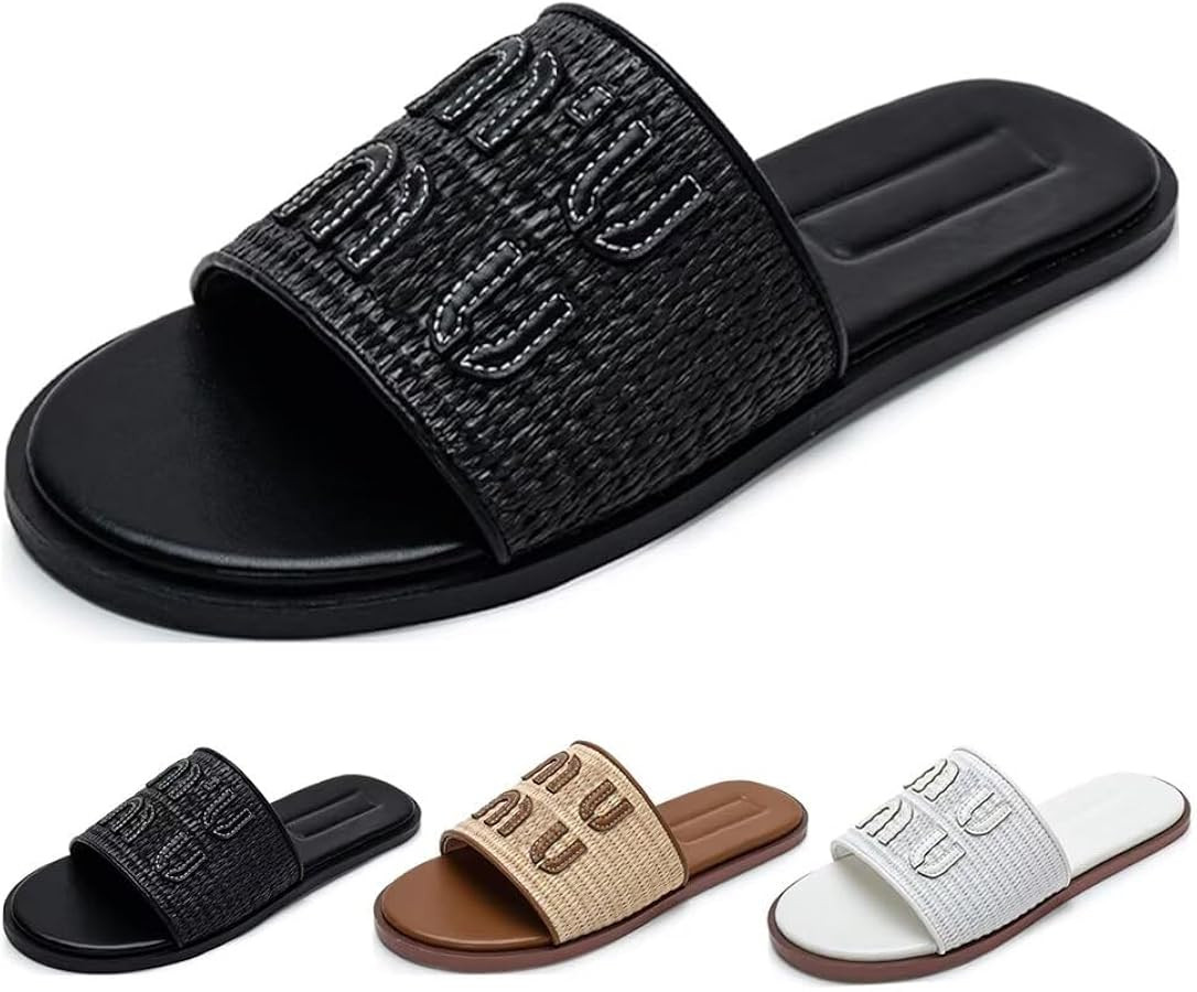 Womens Raffia Flat Sandals Summer Beach Sandals Open Toe Casual Slip | Amazon (US)