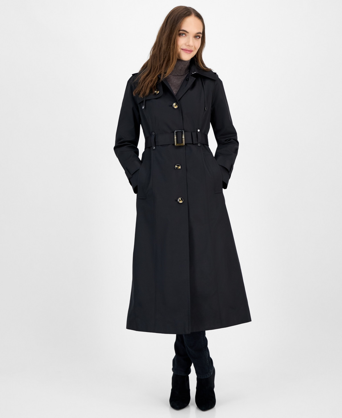 London Fog Women's Hooded Belted Maxi Trench Coat - Black | Macy's