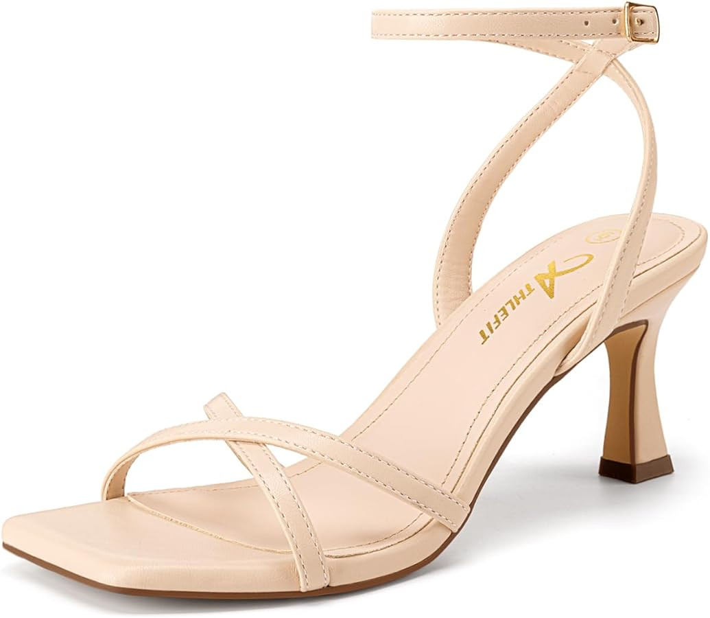 Athlefit Kitten Heels for Women Square Open Toe Strappy Heeled Sandals Ankle Strap Dress High Hee... | Amazon (US)