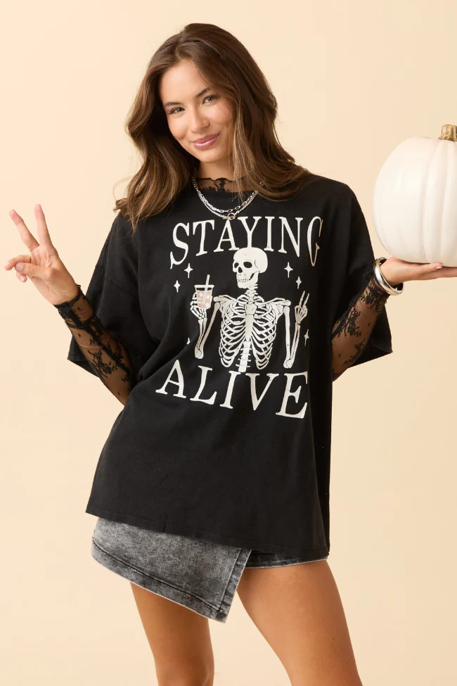 Staying Alive Black Oversized Graphic Tee DOORBUSTER | Pink Lily