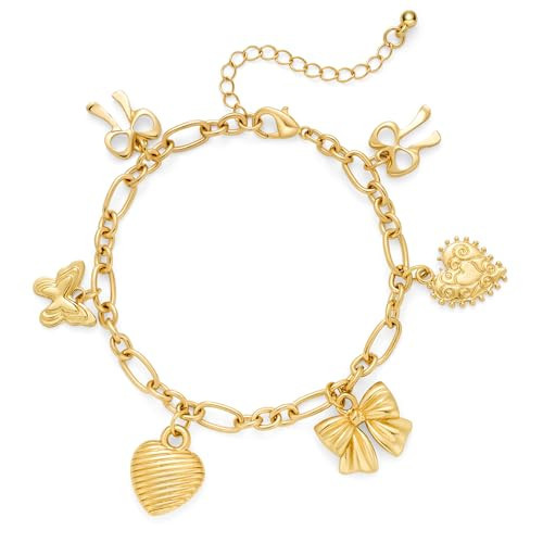 YUJIE 14k Gold Plated Bow Charm Bracelet for Women - Y2k Chunky Heart Charms Adjustable Link Chain Bracelet | Amazon (US)