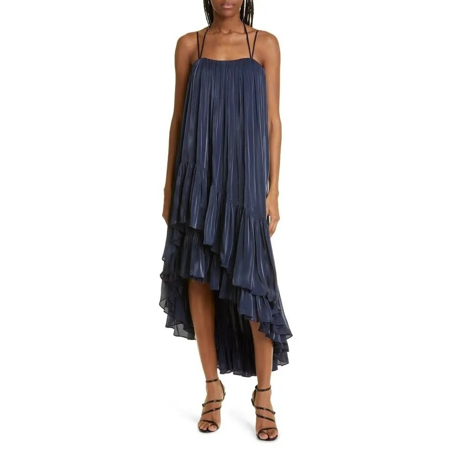 CINQ A SEPT Soleil Ruffle Trapeze Hi Low Midi Dress Navy Womens Size 4 | eBay US