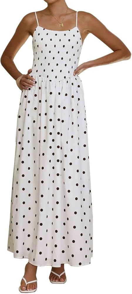 ABYOVRT Women Polka Dot Maxi Dress Smocked Spaghetti Strap Flowy Sundress Summer Beach Vacation | Amazon (US)