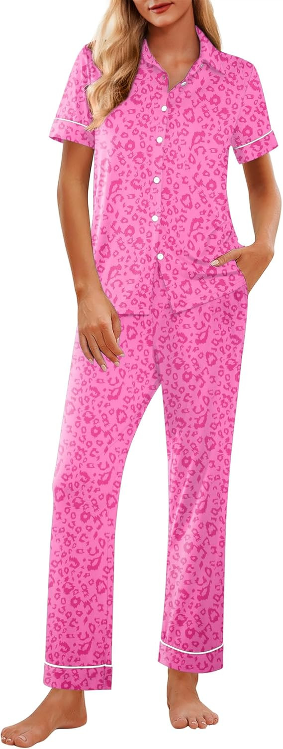 Ekouaer Women 2 Piece Pajamas Set Button Down Short Sleeve Pjs Set Soft Lounge Set with Long Pant... | Amazon (US)