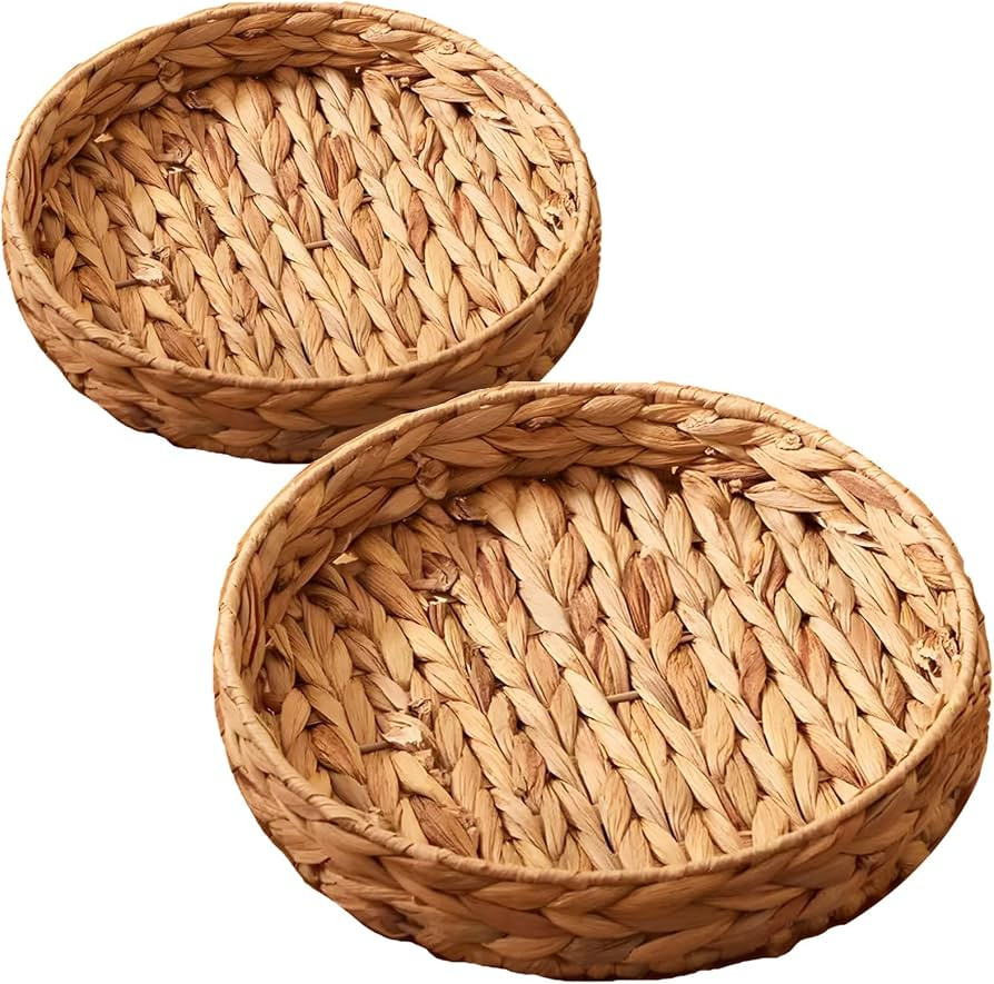 2Pcs Round Wicker Basket Tray, Large Woven Trays for Coffee Table Decor, Natural Water Hyacinth S... | Amazon (US)