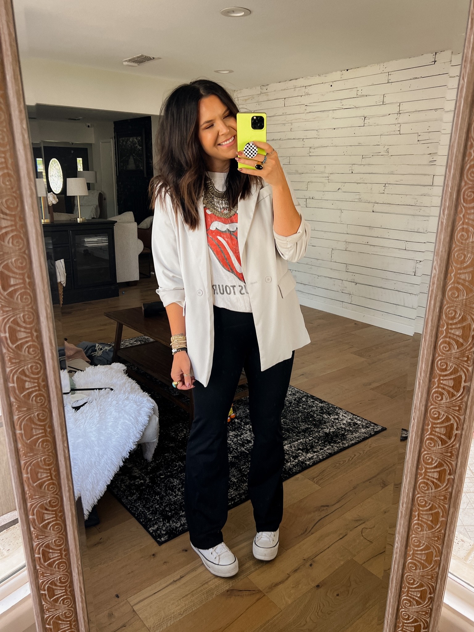 Mom on the go look with a graphic tee, blazer and some flare leggings. 
Blazer: Large (BWC20)
Tee: XL
Flare Leggings: Large (BWCXSPANX)
Converse Platform Sneaker: True to Size


#LTKstyletip #LTKworkwear #LTKunder50