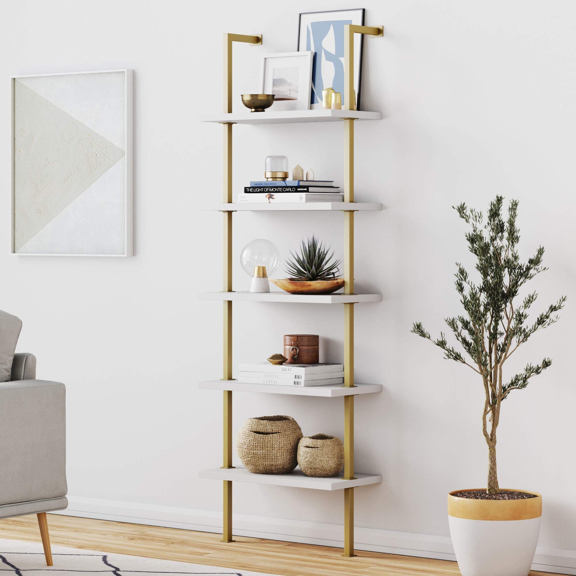 Nathan James Theo 5-Shelf Modern Bookcase, Open Wall Mount Ladder Bookshelf with Industrial Metal Fr | Amazon (US)