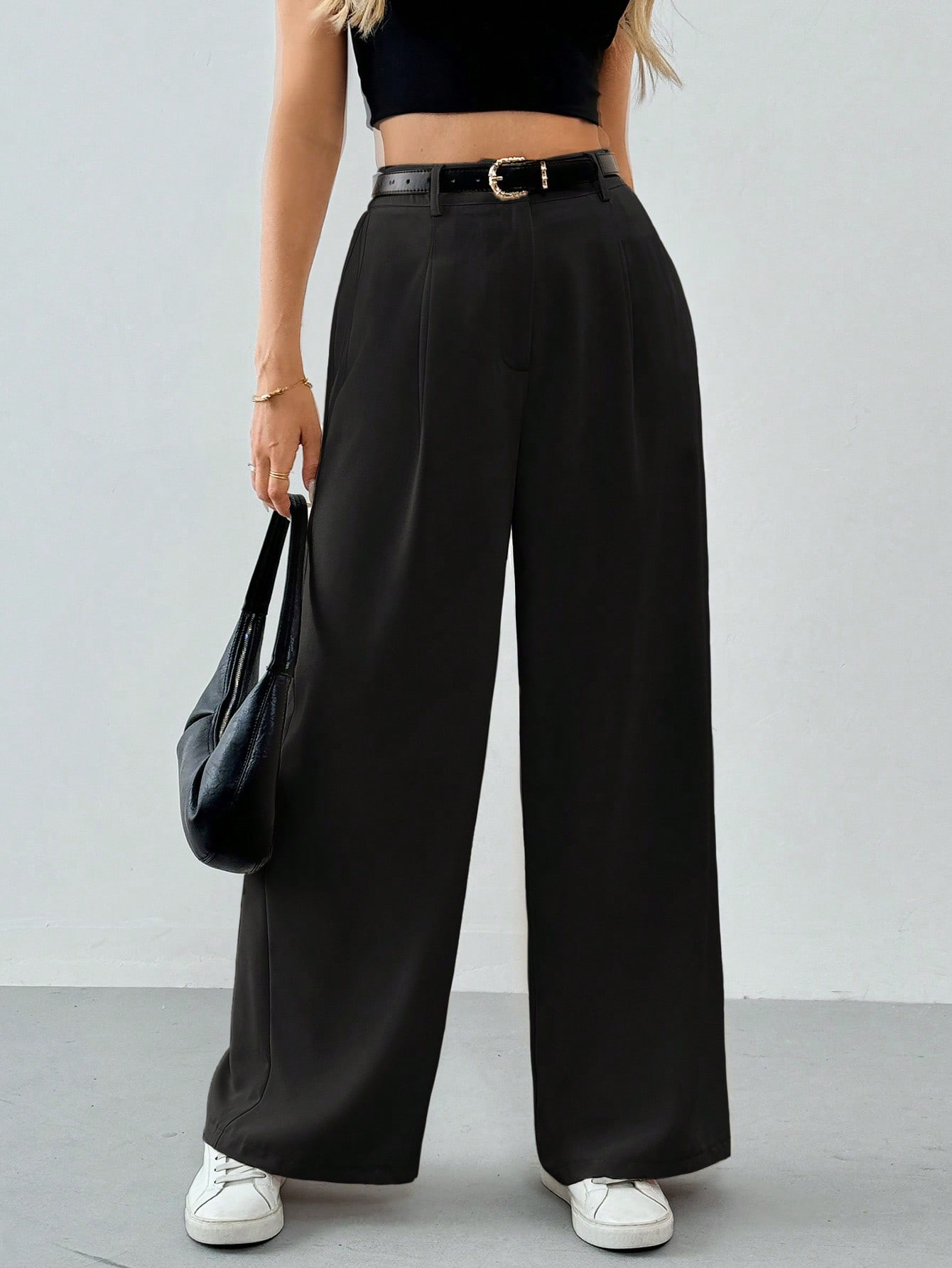 SHEIN Tall Women's Pleated High Waist Belted Wide Leg Casual & Commuting Pants In Beige | SHEIN