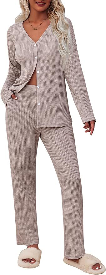 Ekouaer Womens Waffle Knit Pajamas Loungewear Two-piece Sleepwear Button-Down Pj Set with Pockets | Amazon (US)