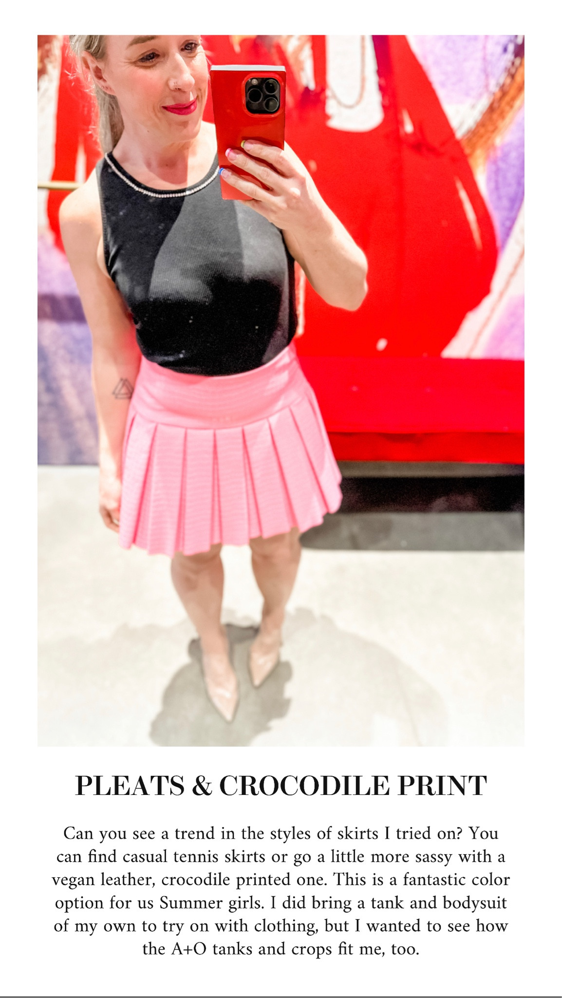 A black embellished top paired with a pink, crocodile pleated tennis skirt. The skirt will work well for House of Colour Summers and the top is ideal for House of Colour Winters!

#hocsummer 
#Hocwinter 
Vegan leather skirt
Pink skirt
Pink pleated skirt

#LTKFind #LTKworkwear #LTKstyletip
