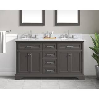 Windlowe 61 in. W x 22 in. D x 35 in. H Freestanding Bath Vanity in Gray with Carrara White Marbl... | The Home Depot
