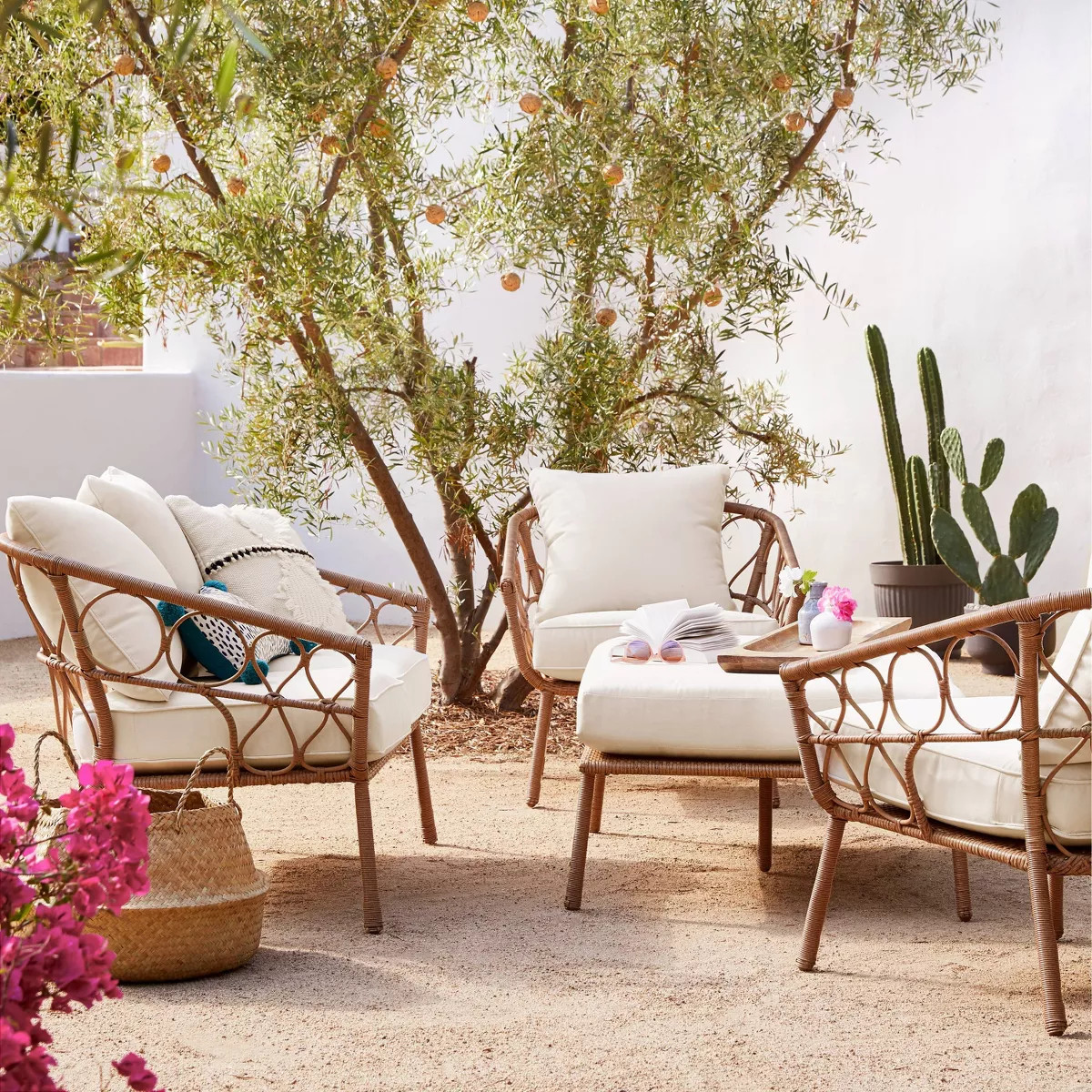 Britanna Oversized Patio Ottoman Linen Natural Wood/Off-White - Threshold™ | Target