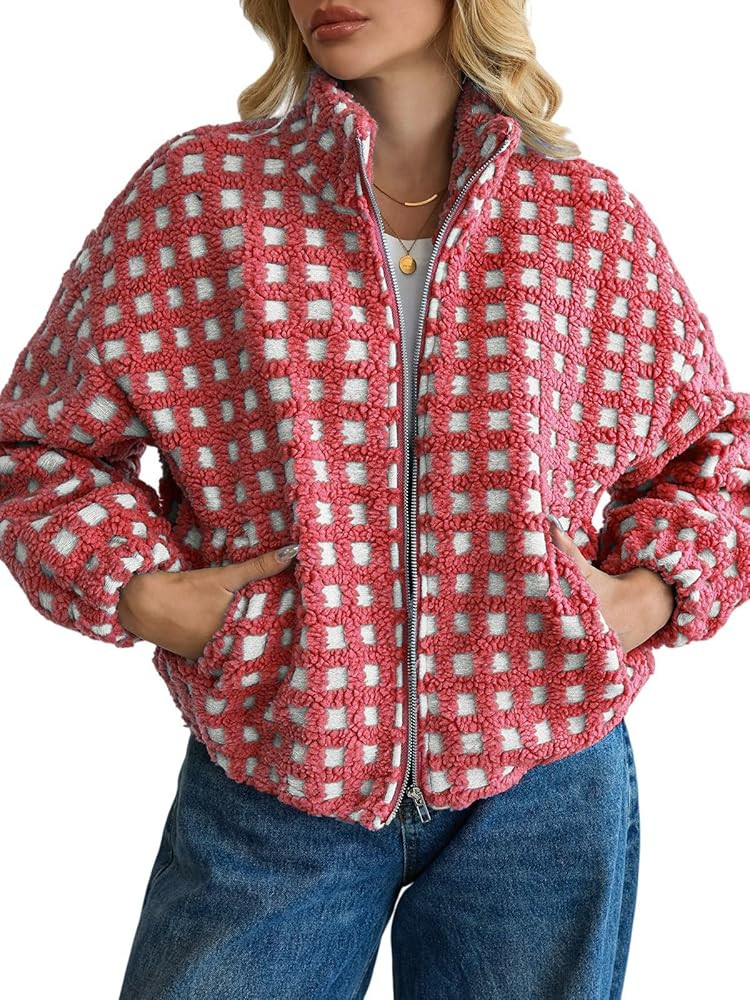 ALSOGO Womens Long Sleeve Checkered Sherpa Jacket Cropped Plaid Fleece Coats Zip Up Casual 2025 W... | Amazon (US)