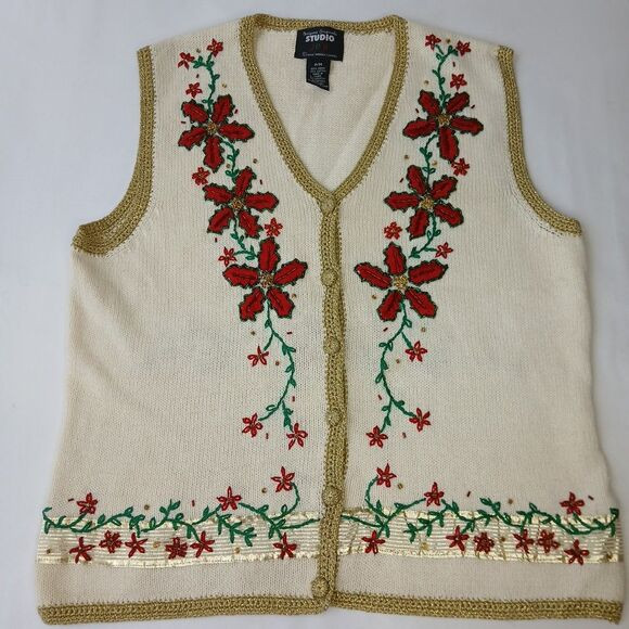 Designers Originals Studio Joy PM Ivory Knit Poinsettia Christmas Sweater Vest | Poshmark