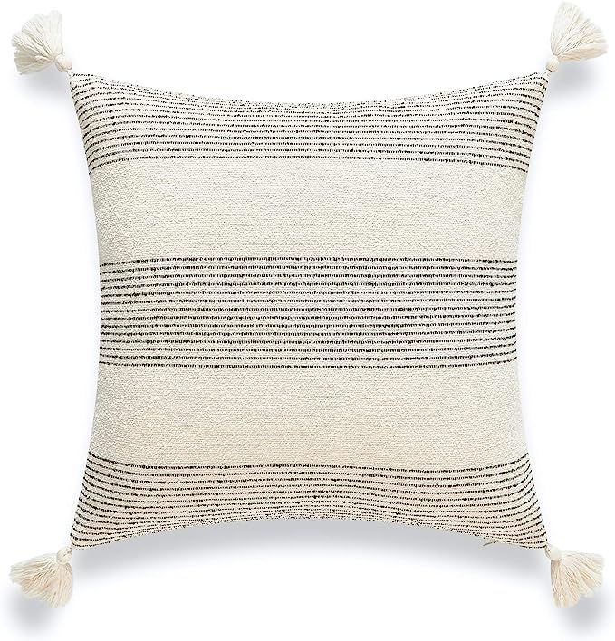 Modern Boho Morrocan Decorative Pillow Cover ONLY for Couch, Sofa, or Bed, Black Gray Bold Stripe... | Amazon (US)