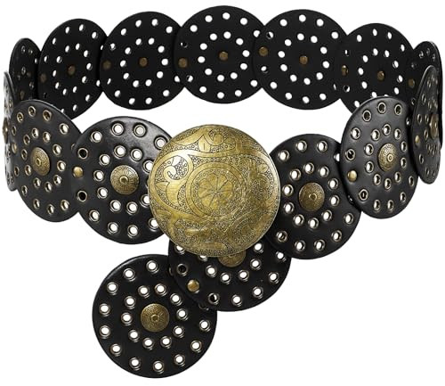Suyi Wide Disc Belt for Women Leather Hollow Out Round Belts Vintage Western Waist Belt 150CM Black | Amazon (US)