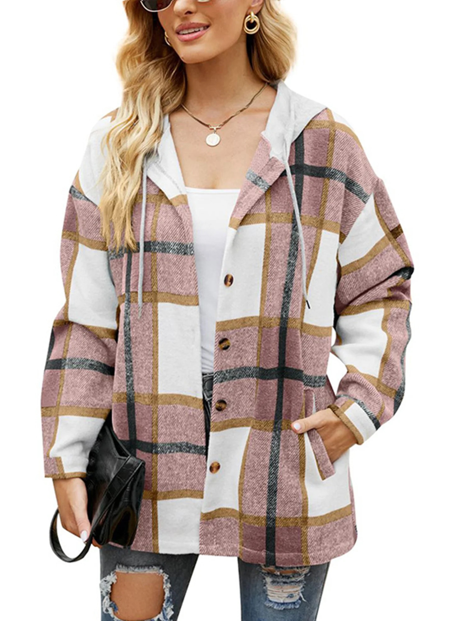 MOSHU Flannel Shirts for Women Button Down Plaid Shirt Hooded Shacket Jacket with Pocket | Walmart (US)