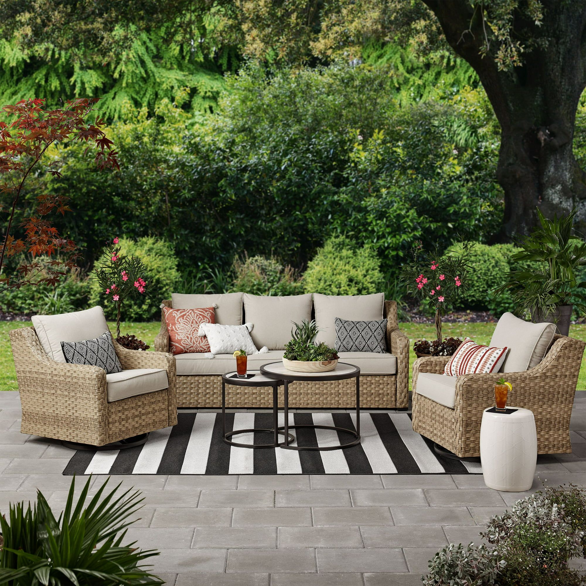 Better Homes & Gardens River Oaks 5-Piece Wicker Conversation Set with Patio Covers | Walmart (US)